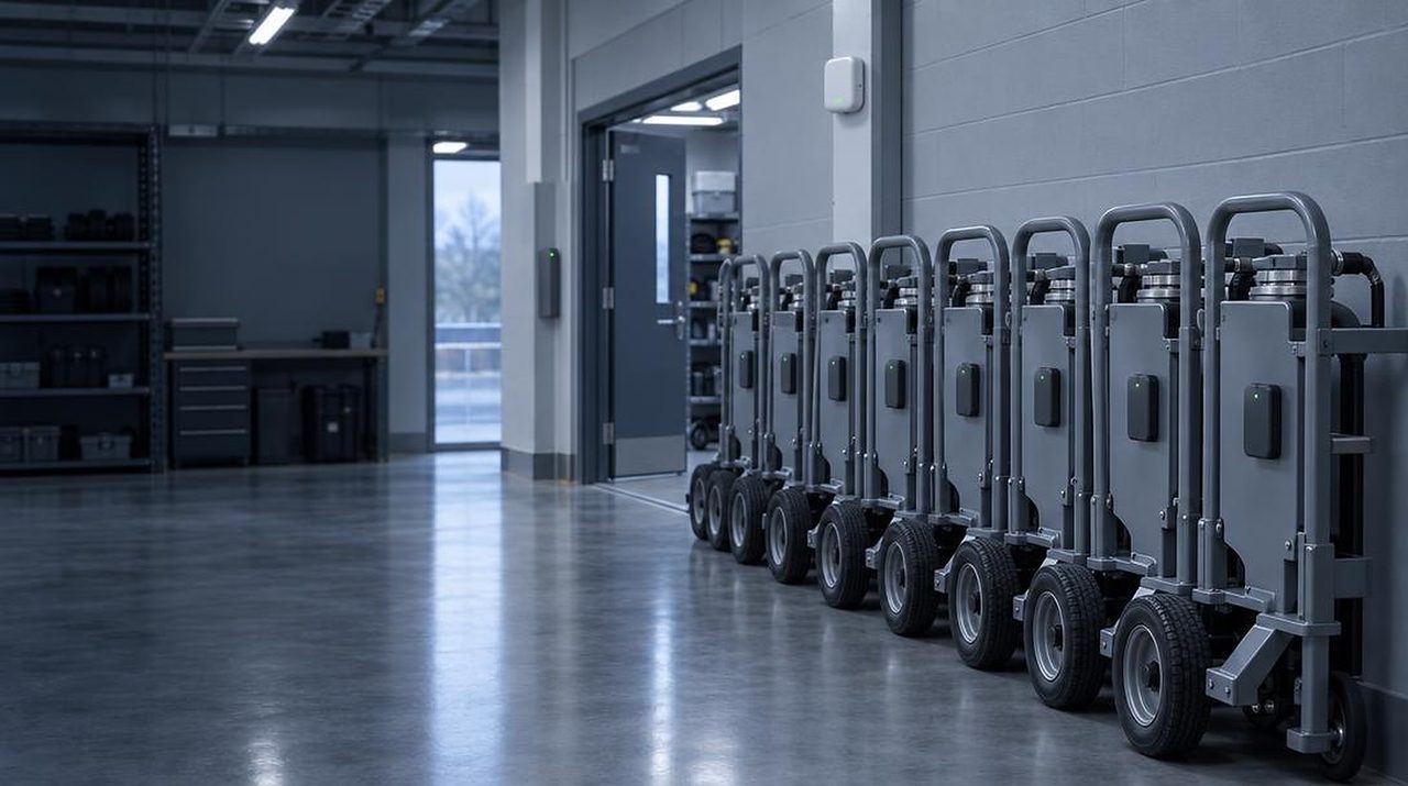 Row of identical tagged equipment trolleys lined up on a warehouse floor