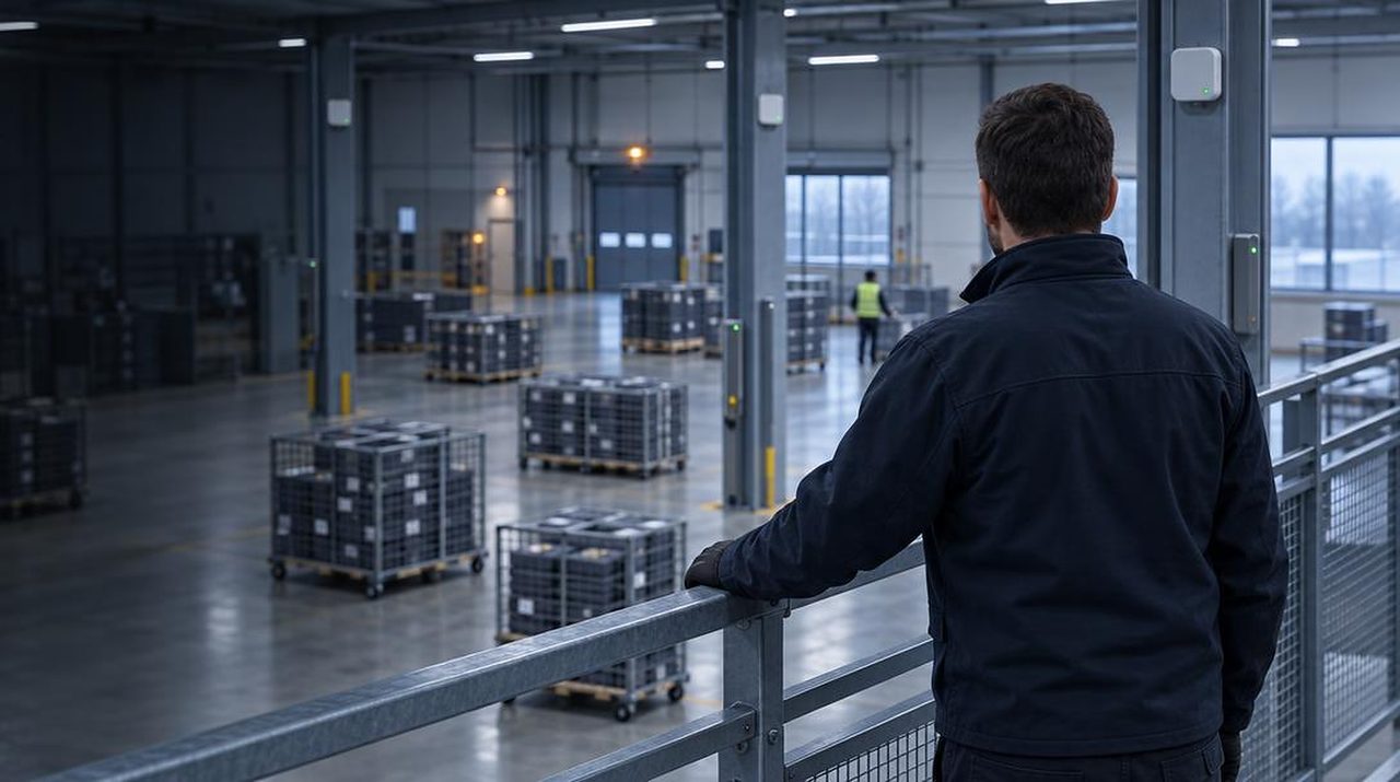 Operations manager on a mezzanine looking over a production floor