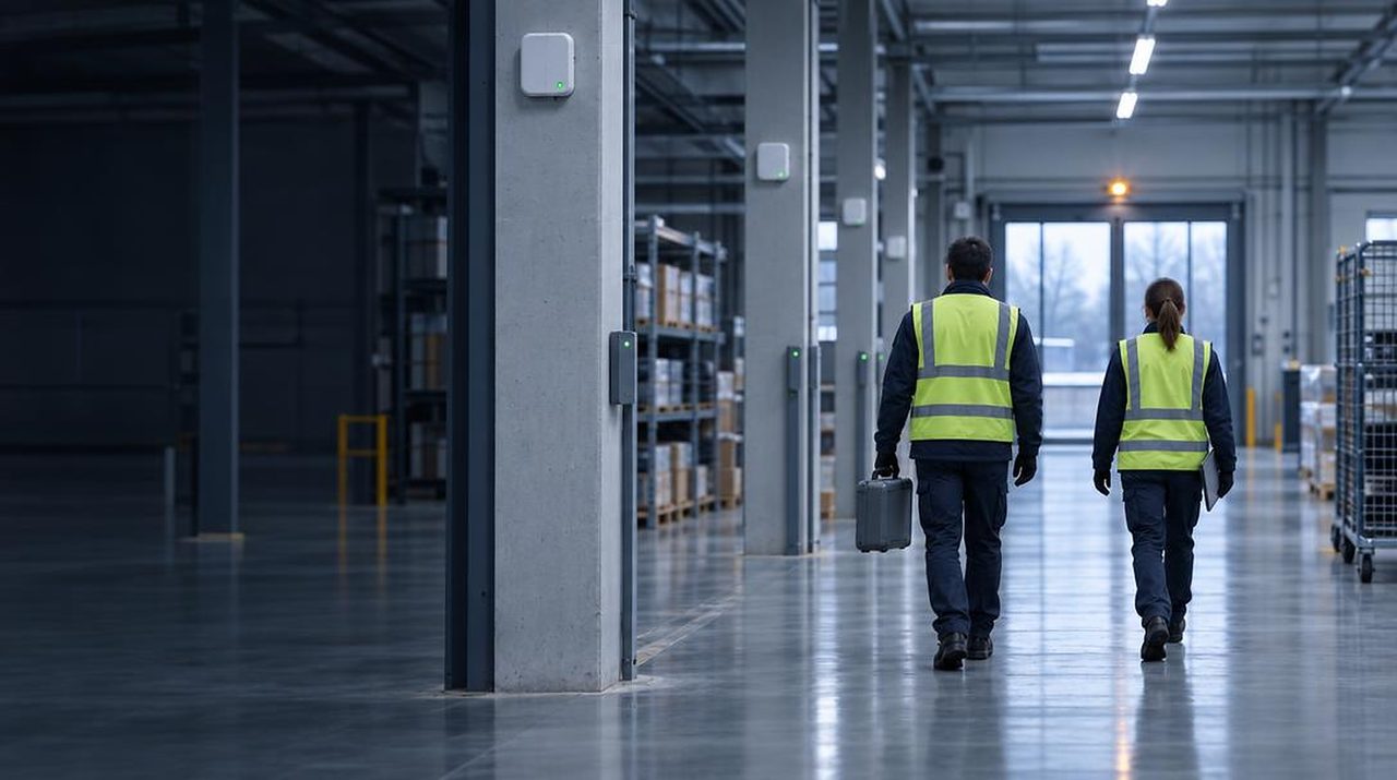 Two people in high-visibility vests walking down a factory aisle