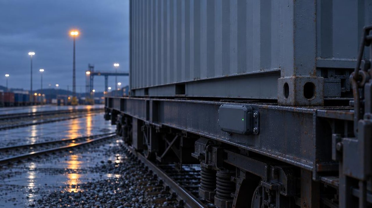 Rail freight terminal at blue hour with a wagon on wet tracks
