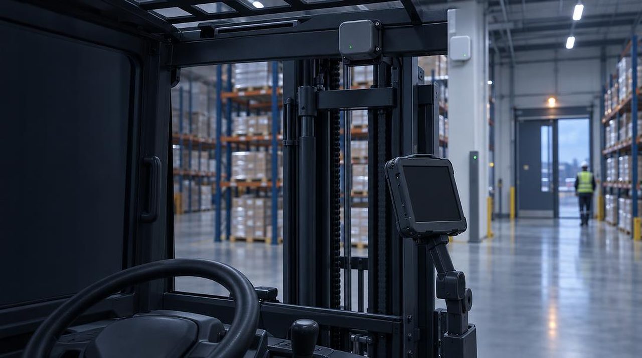 Forklift cab with a vehicle-mounted terminal looking into a warehouse aisle
