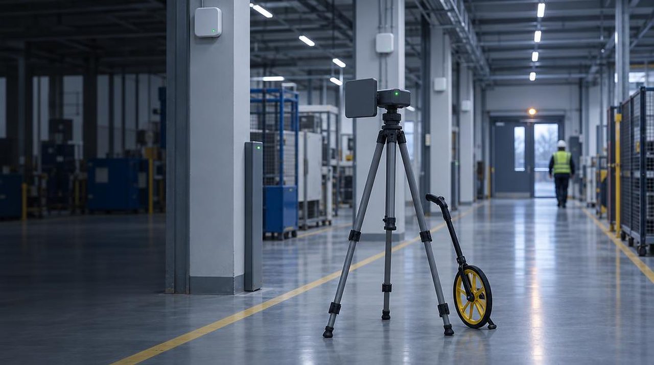 RF survey tripod and measuring wheel set up in a warehouse aisle