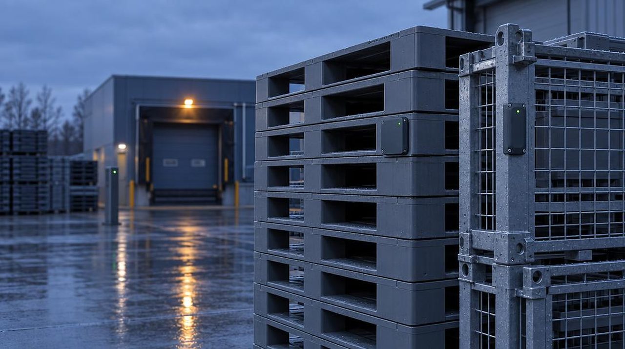 Returnable pallets and stillages with trackers in an outdoor yard at blue hour