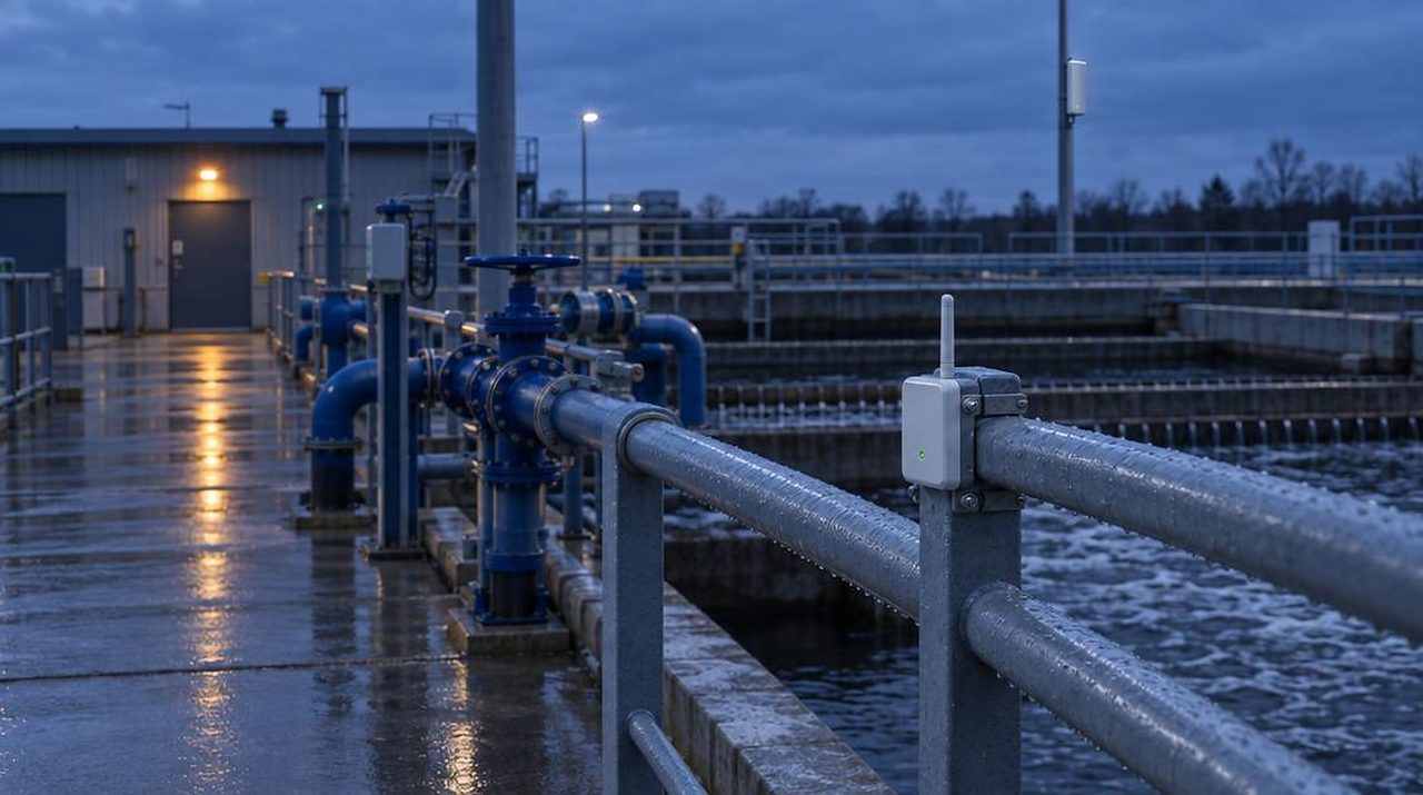 Water treatment works at blue hour with a sensor node on a railing