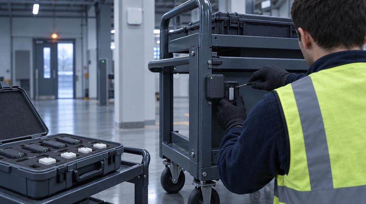 Technician with a service case changing a tag battery beside a parts rack