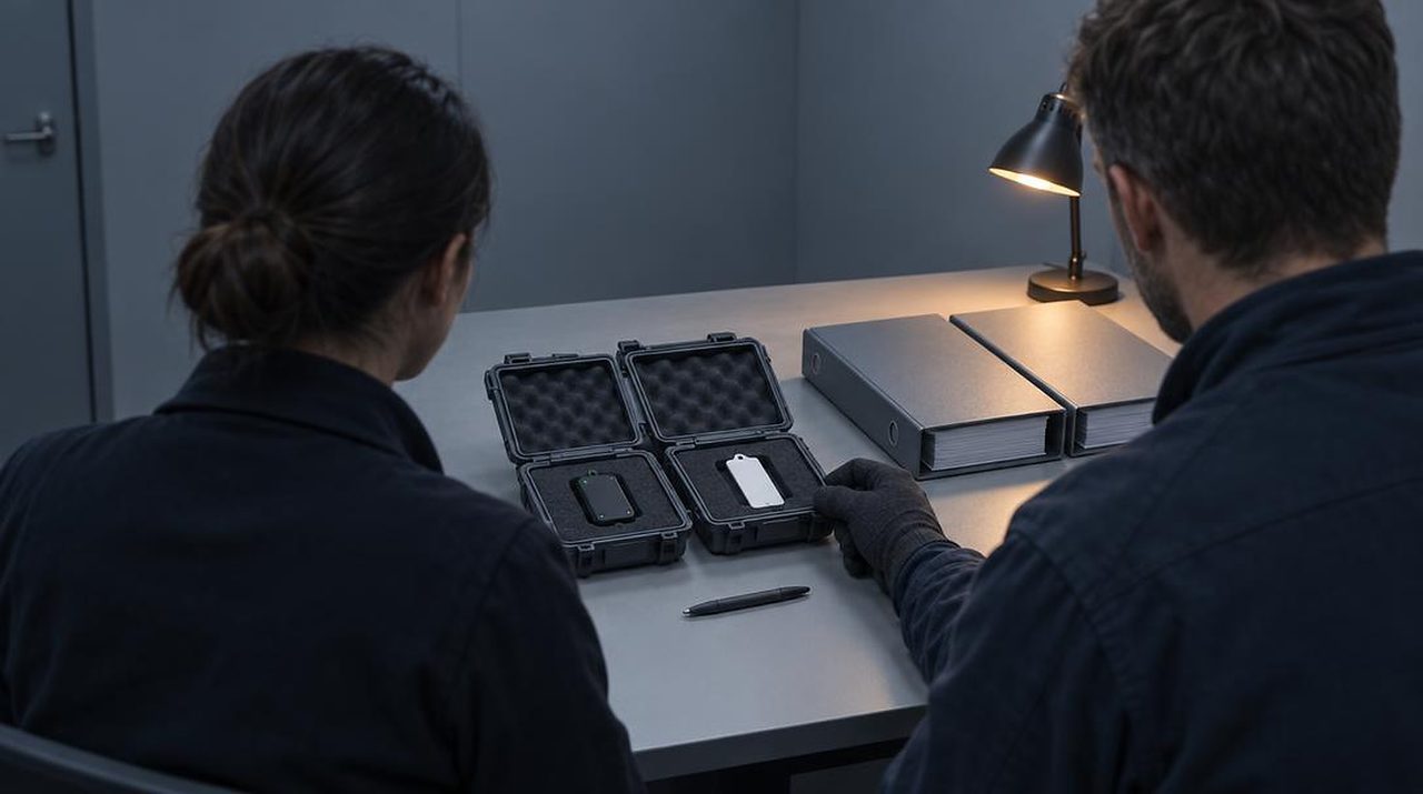 Two people at a desk reviewing a proposal next to two sample tag cases