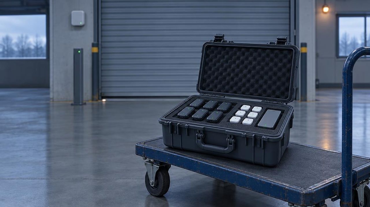 Pilot kit case on a pallet trolley at a goods-in area
