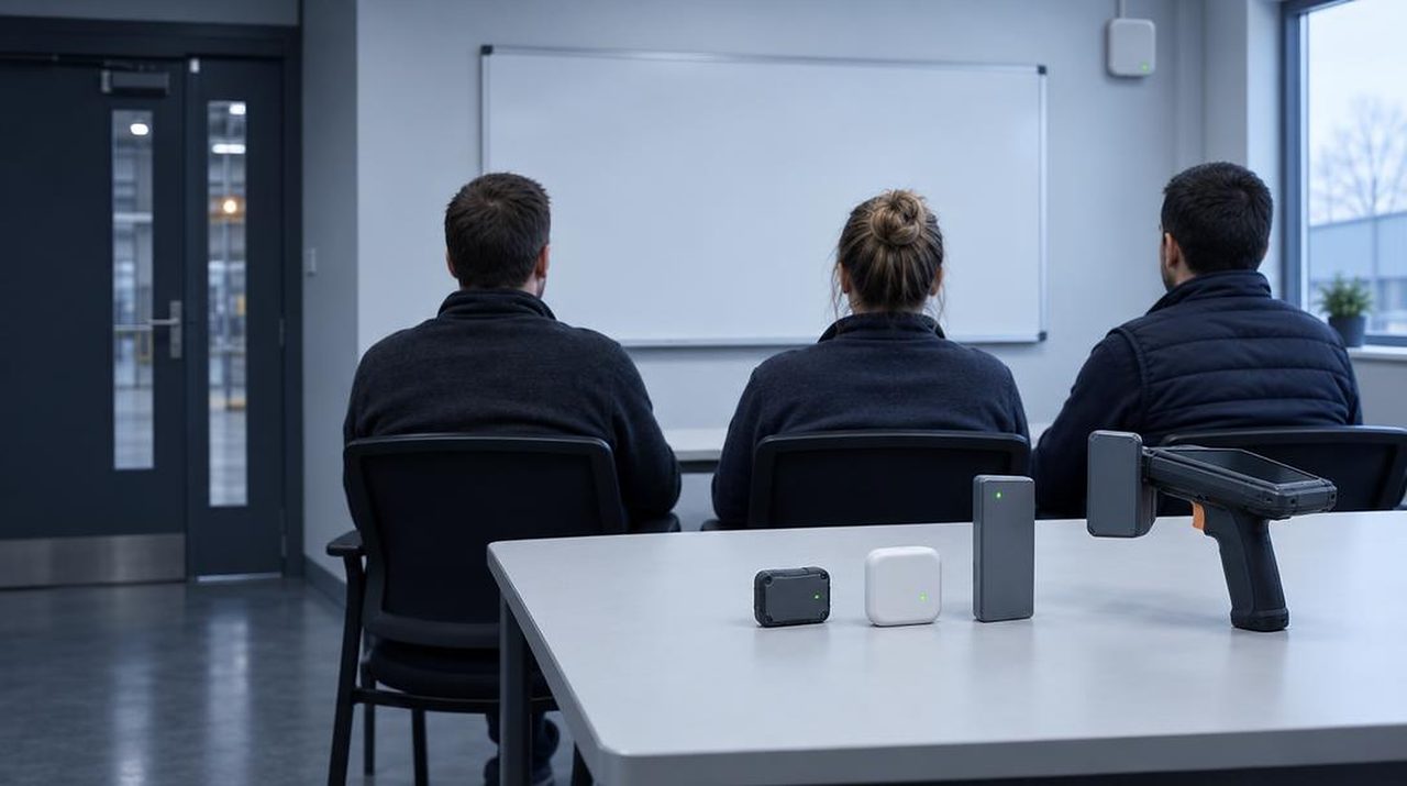 Training room with three attendees facing a whiteboard and a demo kit on the table