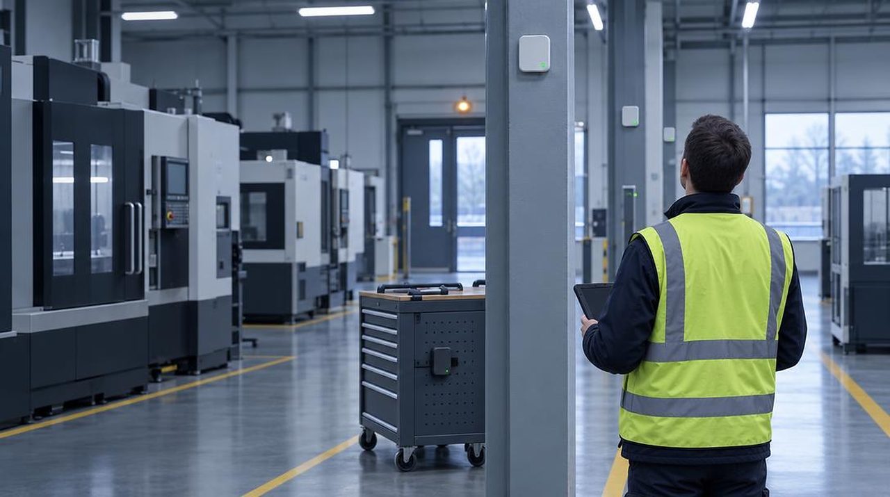 Engineer carrying out a site survey in a manufacturing hall with a UWB anchor on a column