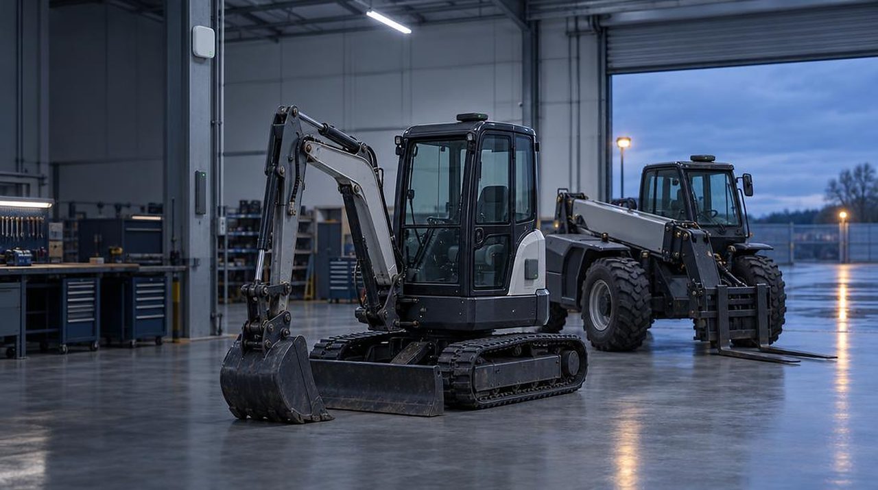 Plant hire workshop with a mini excavator and a telehandler