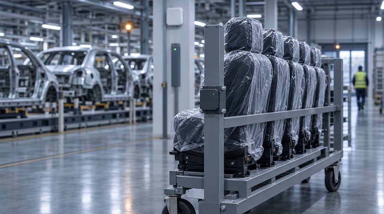 Seat sequencing rack waiting beside an automotive assembly line