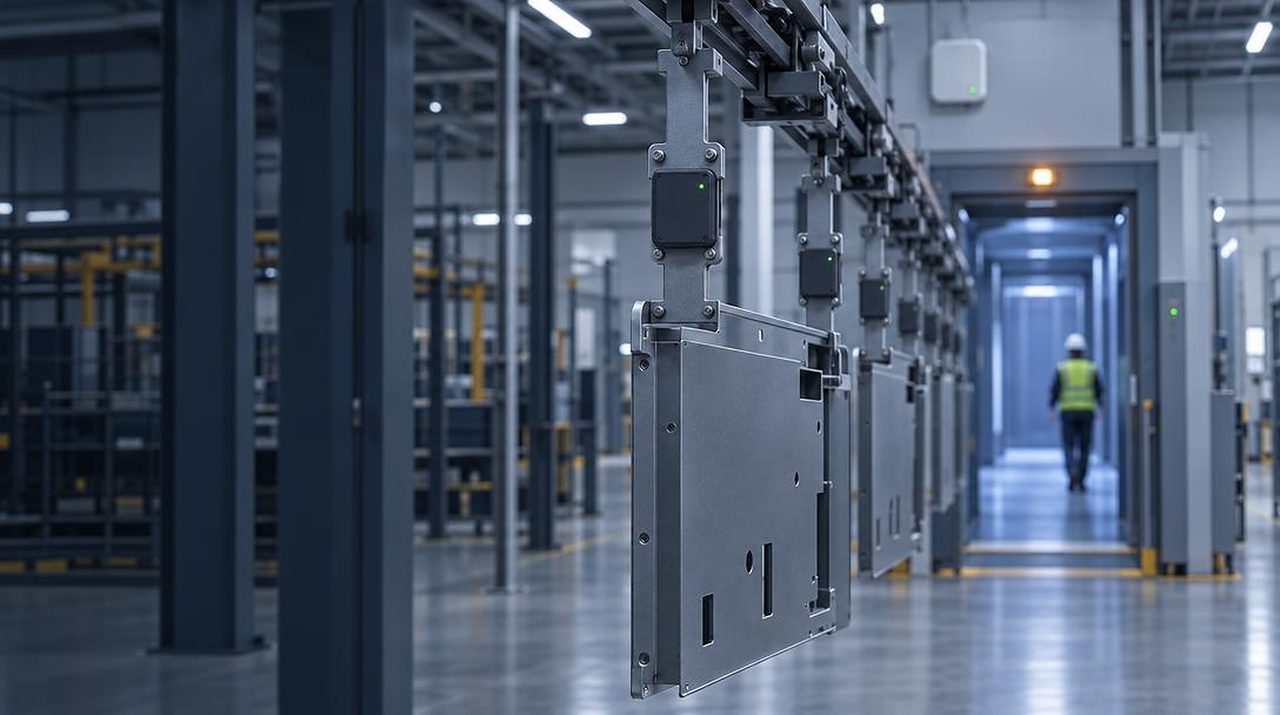 Powder-coating line with tagged carriers moving through the hall
