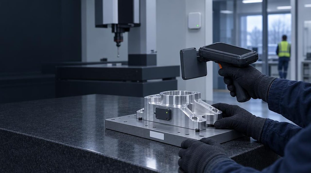 Metrology table with a machined part on a labelled fixture and a handheld scanner
