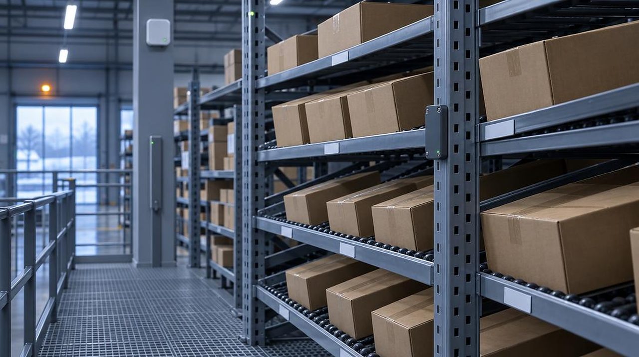 Mezzanine carton-flow pick module in a distribution centre