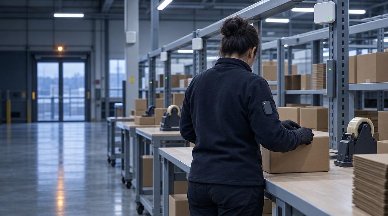 Worker at a parcel packing station in a fulfilment centre