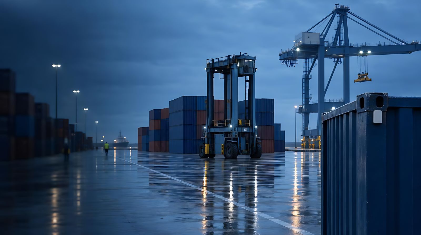 Container terminal at blue hour with a straddle carrier and a tag on the nearest container corner
