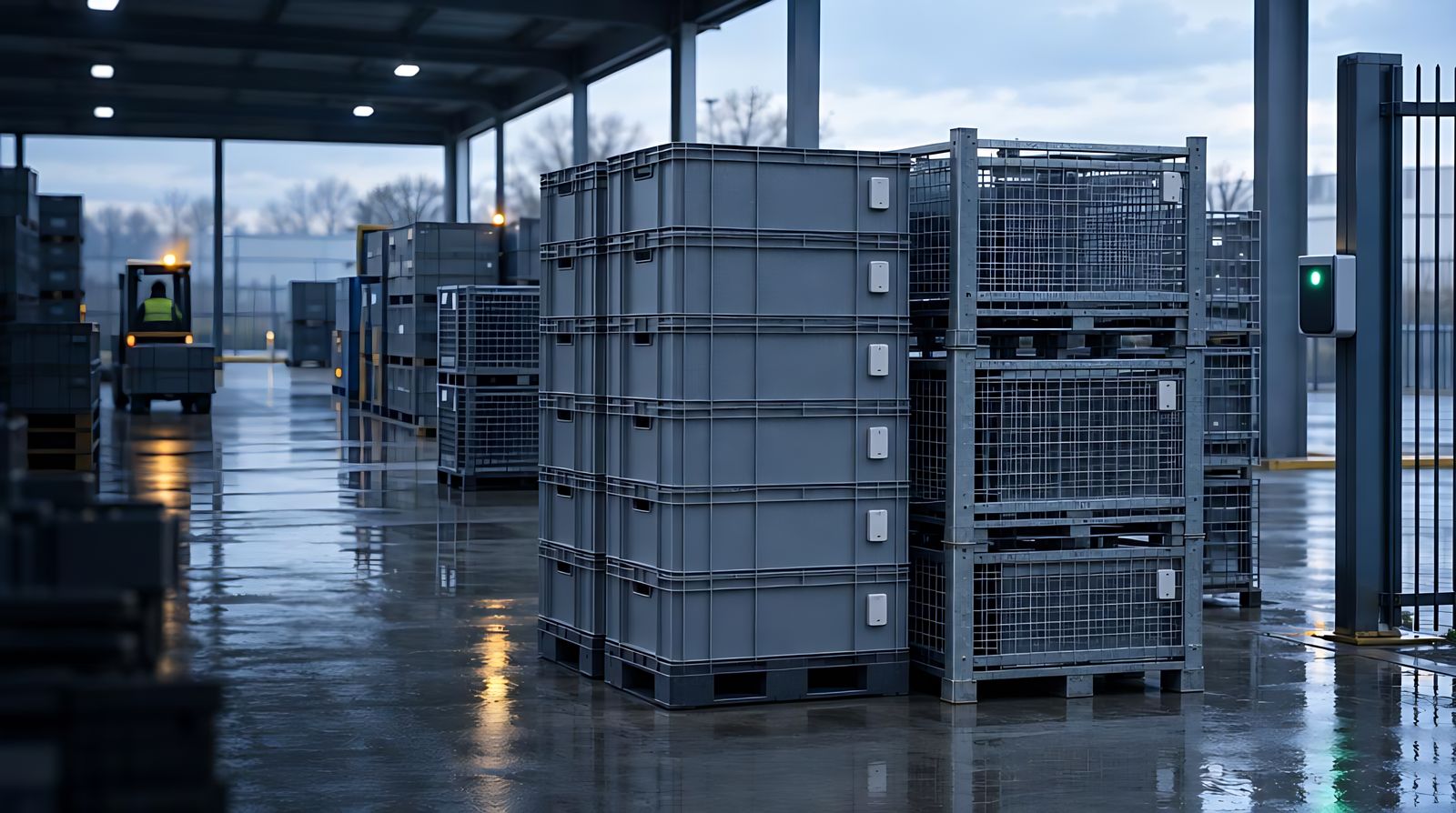 Tagged reusable crates and stillages in a covered yard, with a reader on the gate post