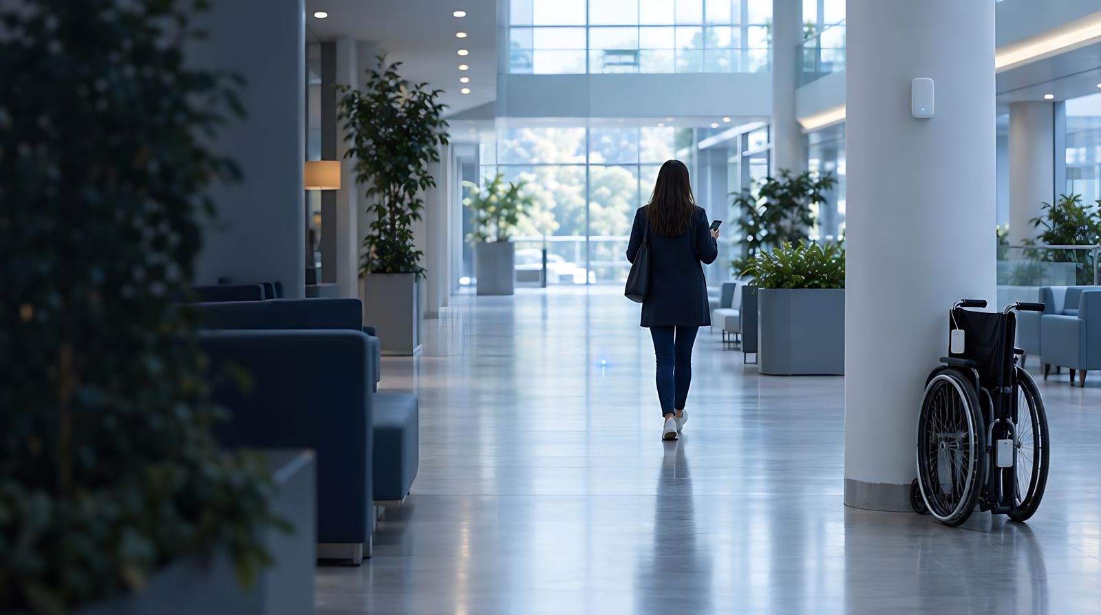 Hospital atrium with a visitor seen from behind, a beacon on a column and a wheelchair with a frame tag