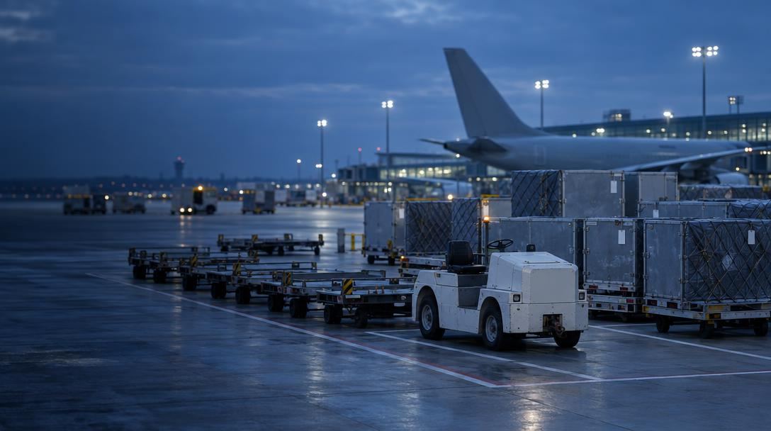 Flughafenvorfeld zur blauen Stunde mit Gepäckschlepper, ULD-Dollies und getaggten Frachtcontainern
