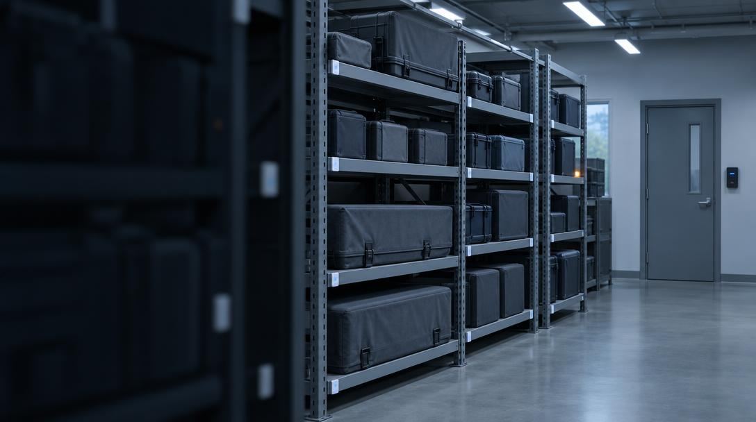 Secure equipment store with closed cases on tagged rack positions