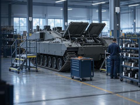 Armoured vehicle under maintenance in a hall with a tool cabinet and racks of tagged parts