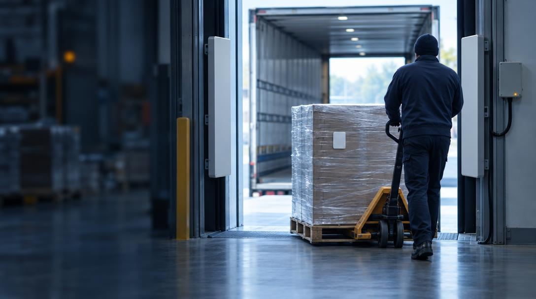 RFID portal with antennas at a dock door as a tagged pallet passes through