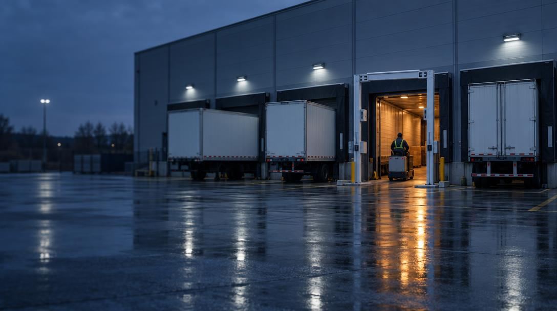 Distribution centre dock doors at dusk with trailers and an RFID portal