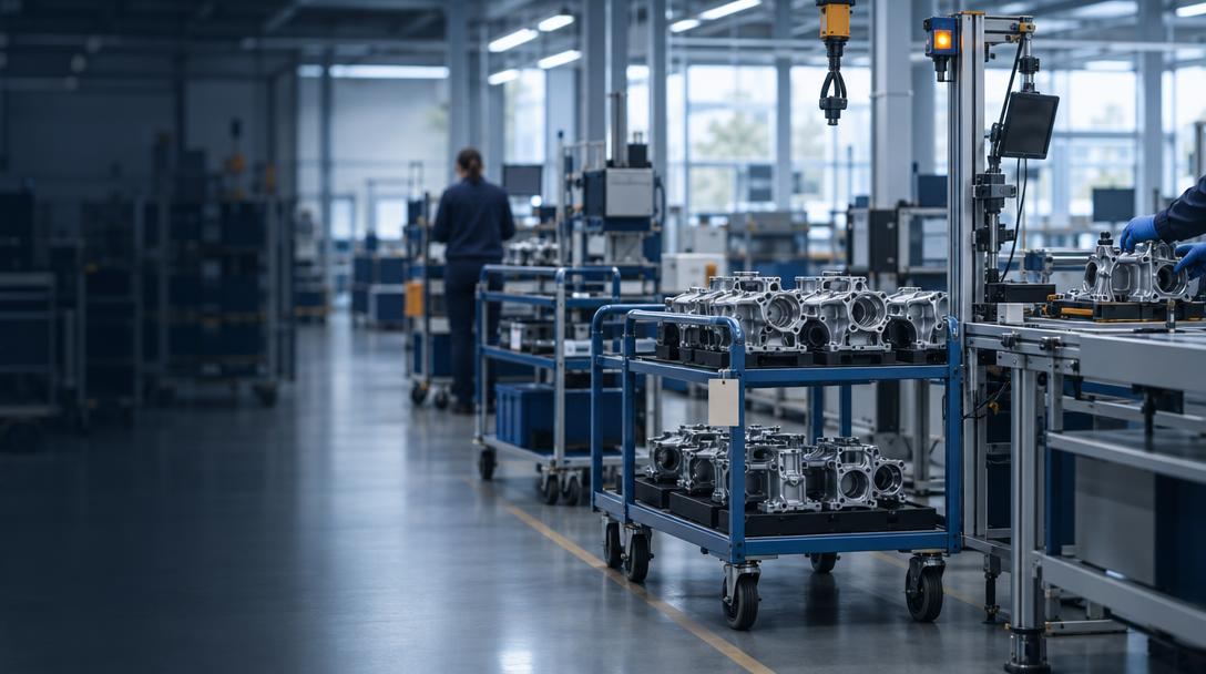 Factory floor with tagged work-in-progress trolleys and a ceiling anchor