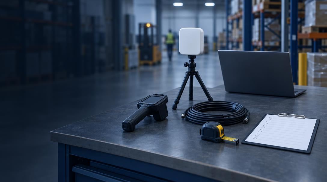 Test bench with a locating anchor, an RFID reader and a blank pass or fail checklist