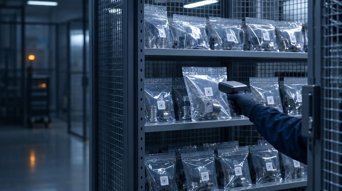 Gloved hand scanning a sealed part in a secure parts cage