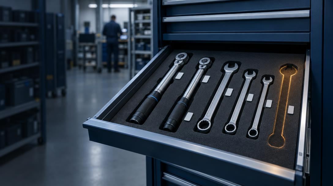 Foam-lined tool drawer with tagged tools and one empty slot